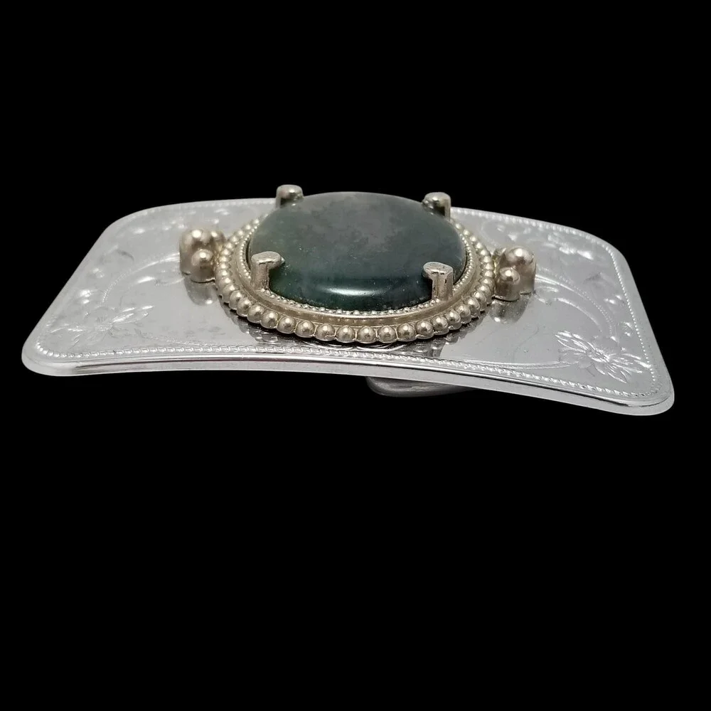 Vintage‎ Belt Buckle Cabochon Agate Western Filigree Carved Flowers Silver Color